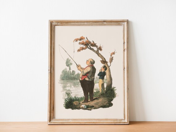 Vintage French Fishing Scene Father Son Lake Whimsical Wall Poster