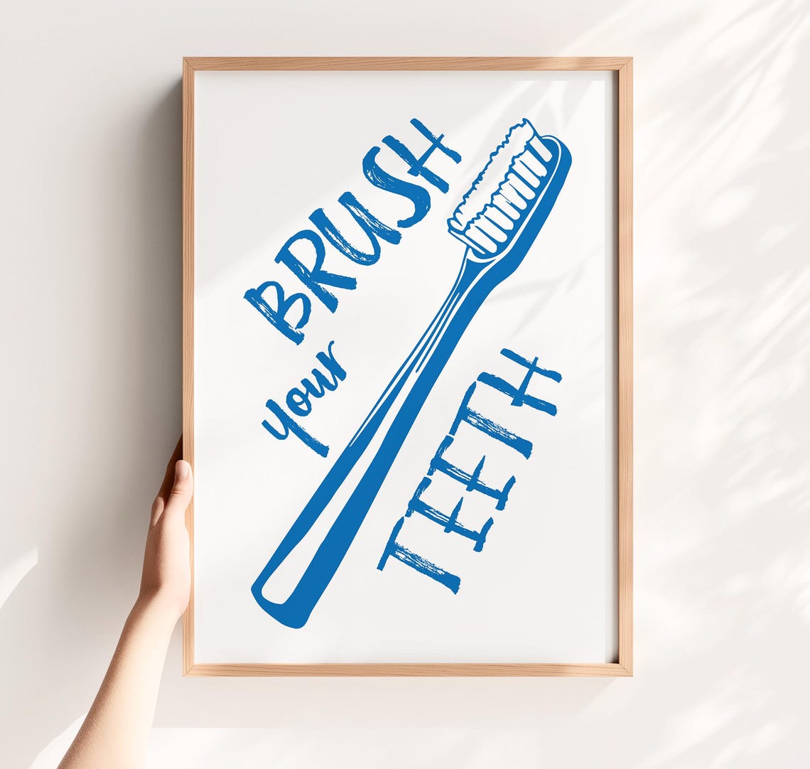 Brush Your Teeth Toothbrush Blue Minimalist Bathroom Wall Art