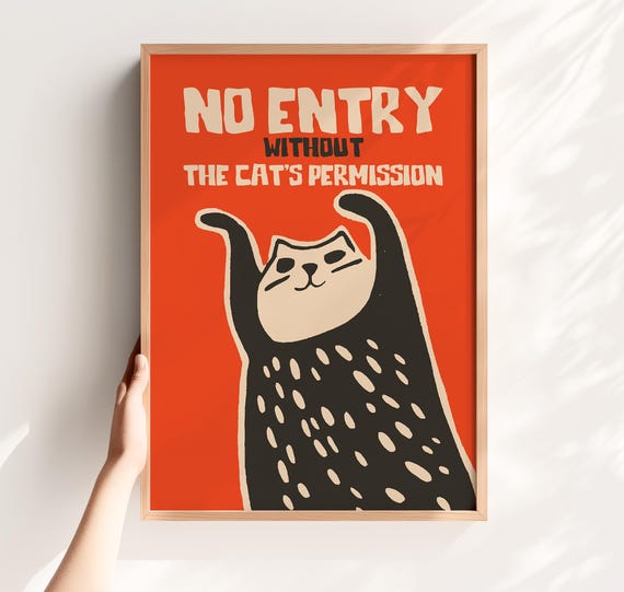 Funny Cat Wall Art No Entry Without The Cats Permission Print Retro Lover Gift Bathroom For Toilet
