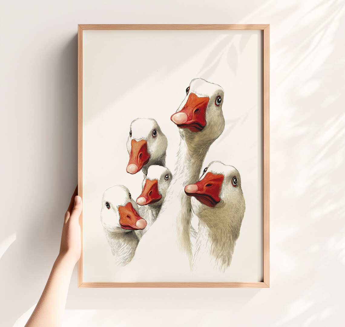 Funny Curious Geese Faces Poster Quirky Farmhouse Kitchen Wall Decor