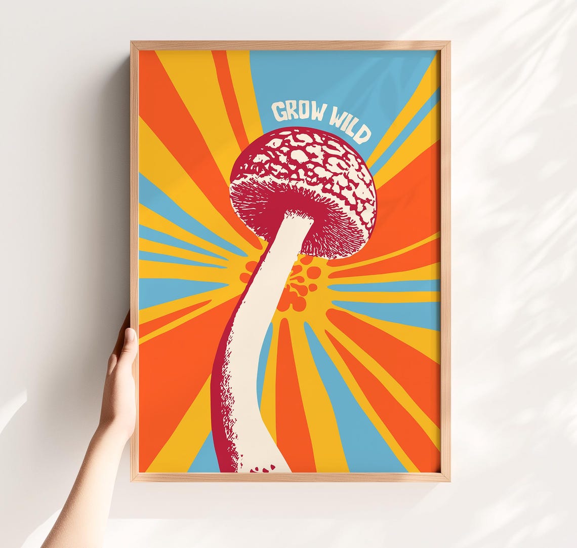 Grow Wild Retro Mushroom Sunburst Psychedelic 70s Boho Wall Art