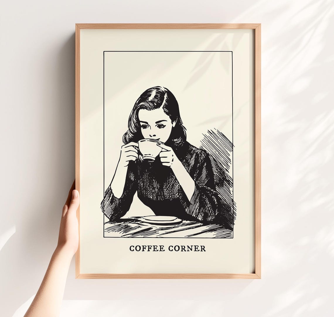 Retro Coffee Corner Woman Vintage Line Art Kitchen Cafe Decor Poster