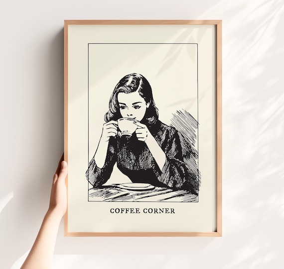 Retro Coffee Corner Woman Vintage Line Art Kitchen Cafe Decor Poster