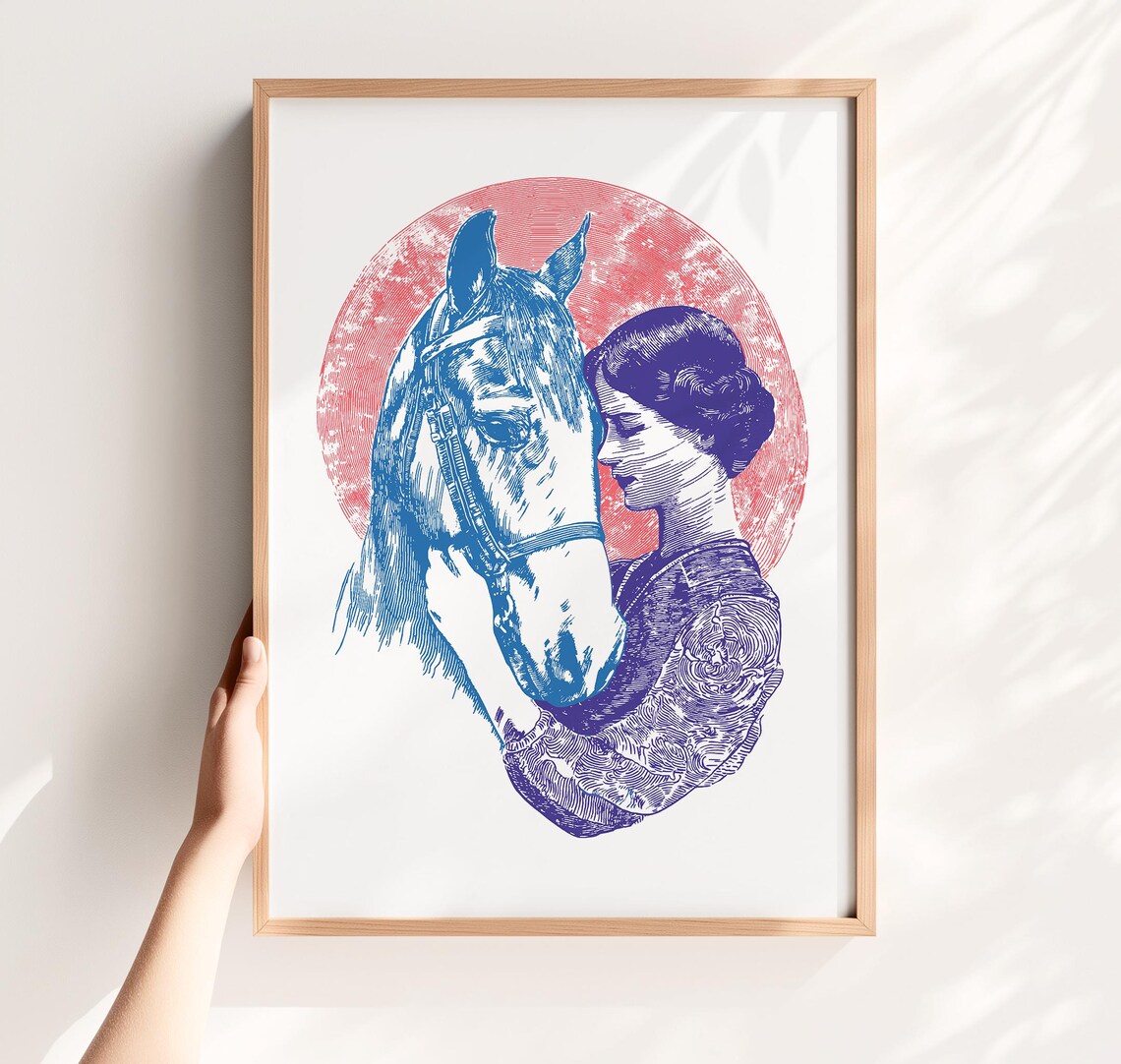 Vintage Woman And Horse Blue Red Sun Engraving Equestrian Poster