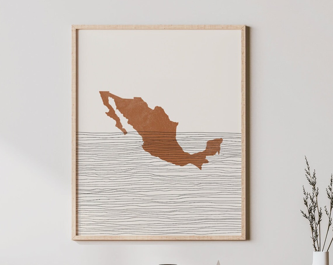 Mexico Boho Travel Poster, Map Silhouette Art Print
