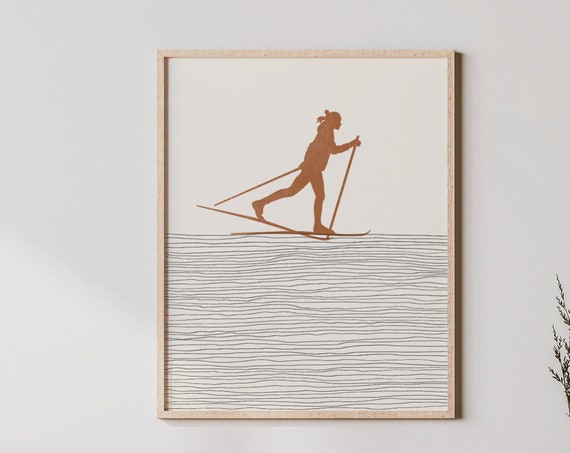 Boho Cross Country Skiing Art Wall Decor Minimalist Skier Poster Girl Print Gift