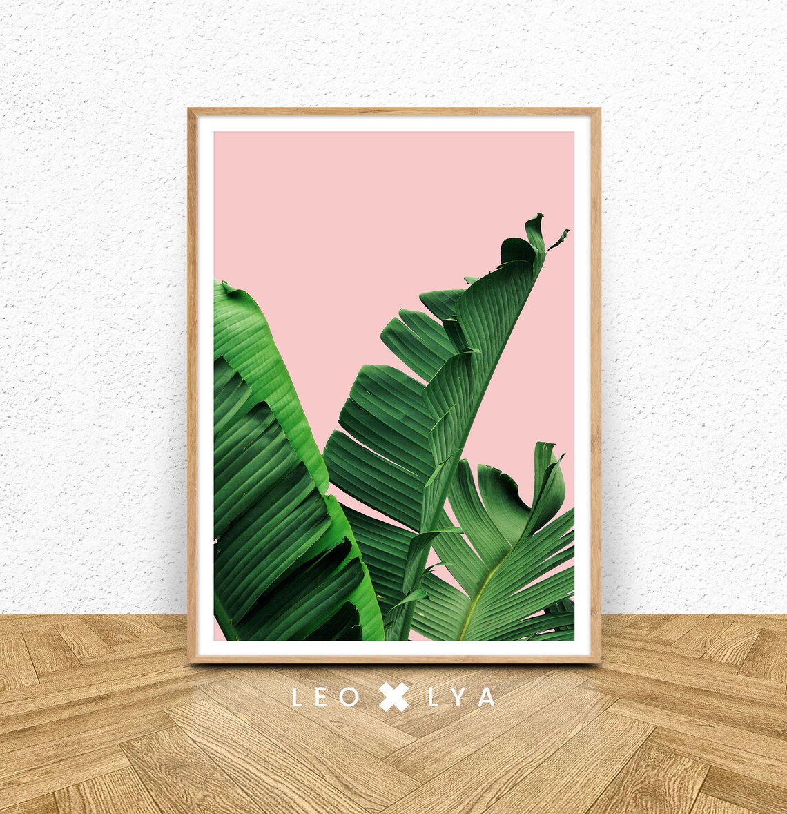 Green Banana Leaves Pink Background Tropical Botanical Art Poster
