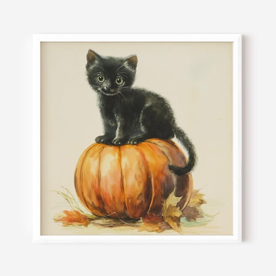 Black Kitten On Pumpkin Watercolor Cute Halloween Fall Cat Illustration Art Print