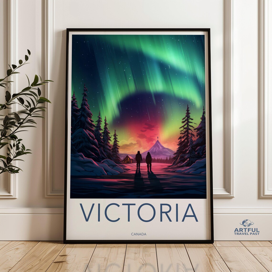 Victoria Canada Northern Lights Snowy Forest Road Travel Night Poster
