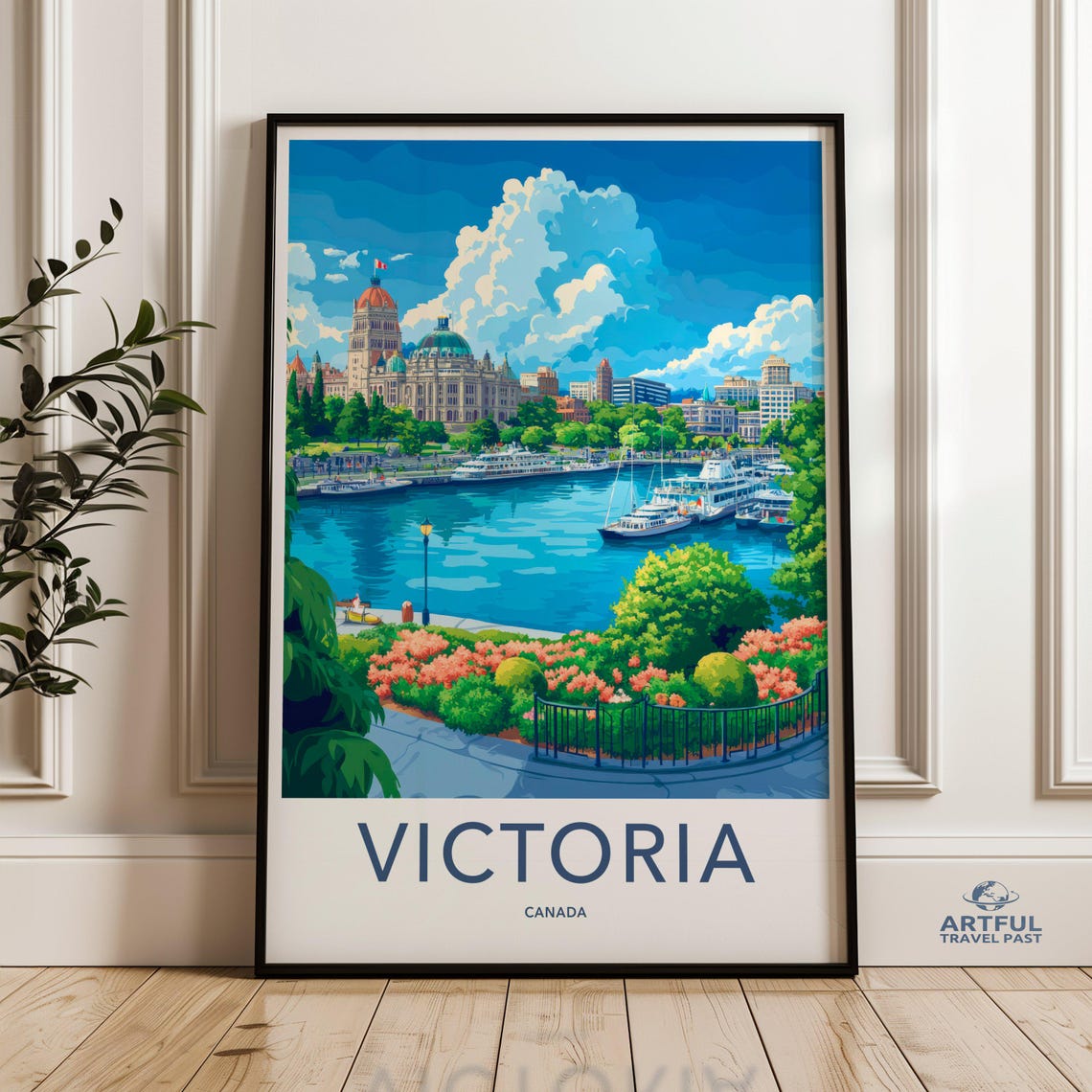 Victoria Canada Harbor Colorful Cityscape Retro Travel Poster