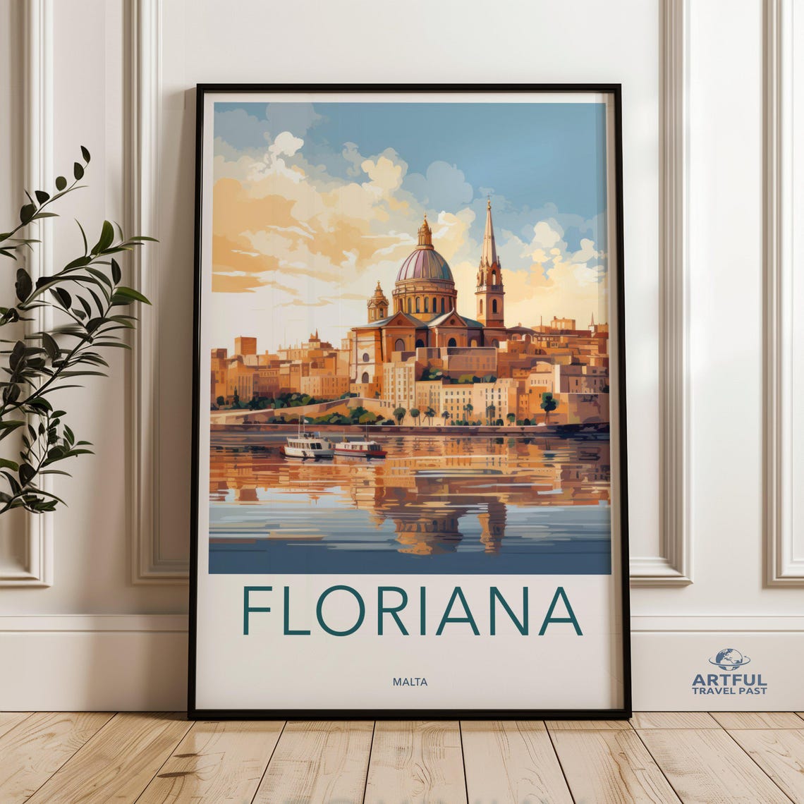 Floriana Malta Waterfront Basilica Harbor Retro Travel Poster