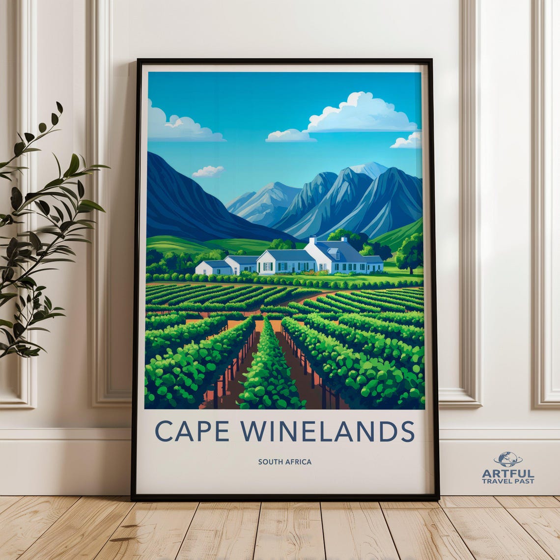 Cape Winelands South Africa Vineyard Rows Farmhouse Mountain Poster