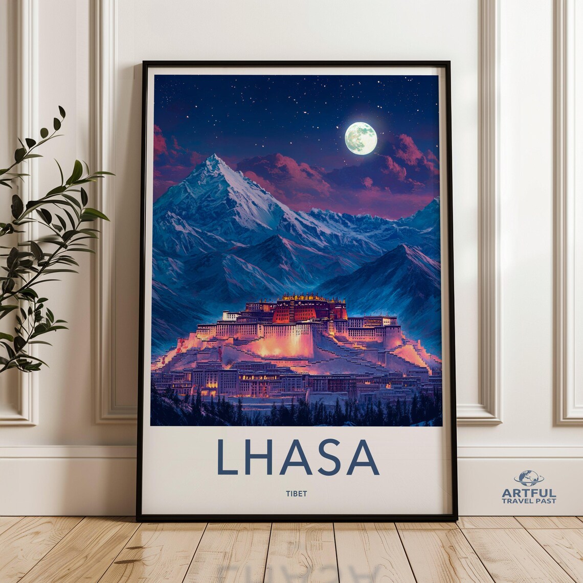 Lhasa Tibet Travel Poster, Moonlit Mountain Scene