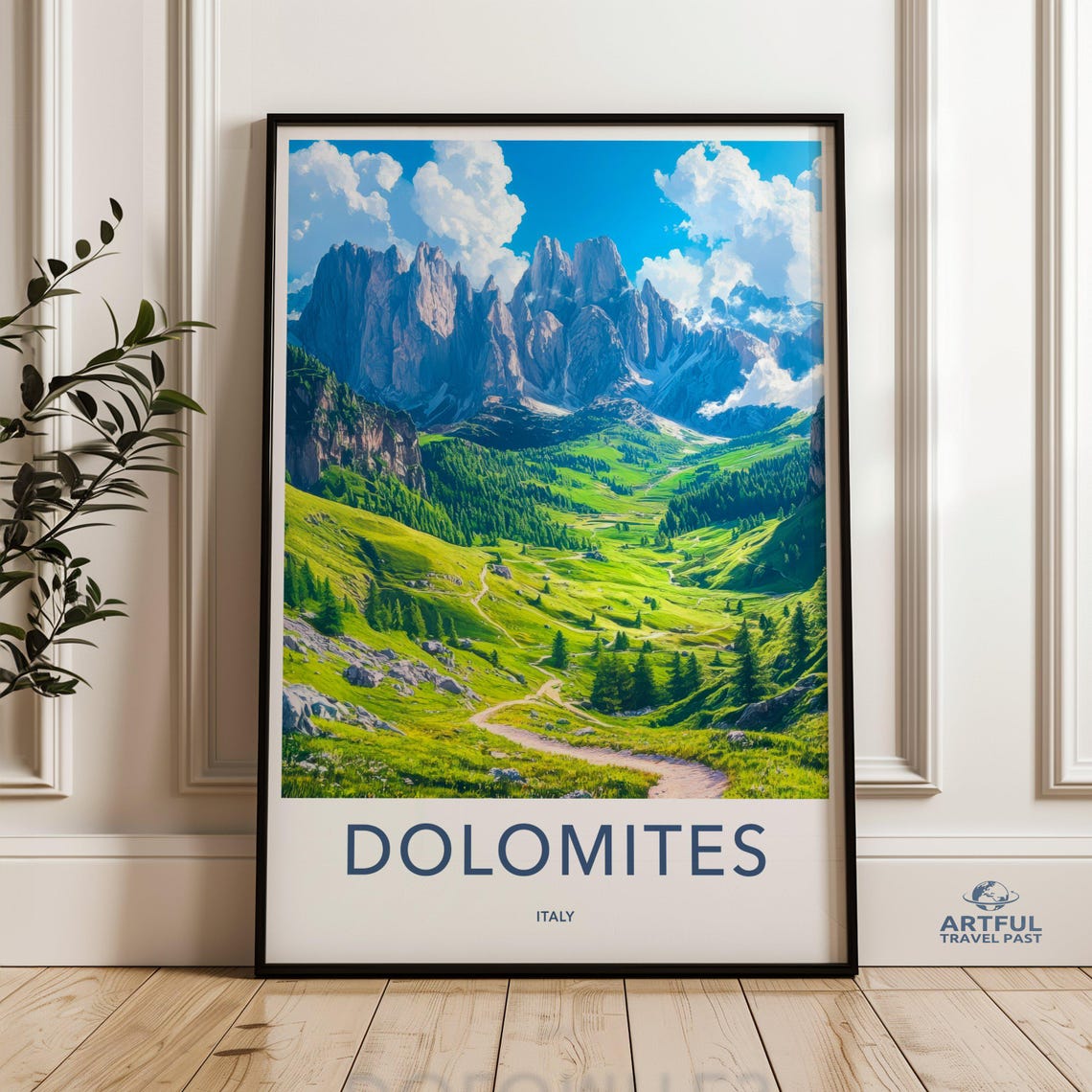 Dolomites Italy Travel Poster Alpine Mountain Valley Landscape Art