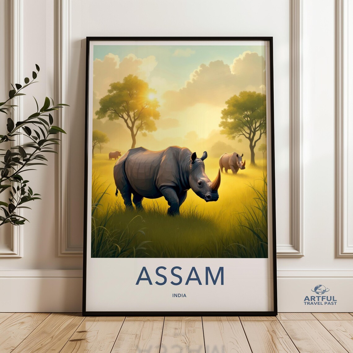 Assam India Great One Horned Rhino Sunset Grassland Travel Poster