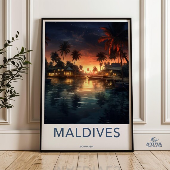 Maldives Fiery Sunset Palm Trees Tropical Island Seascape Poster