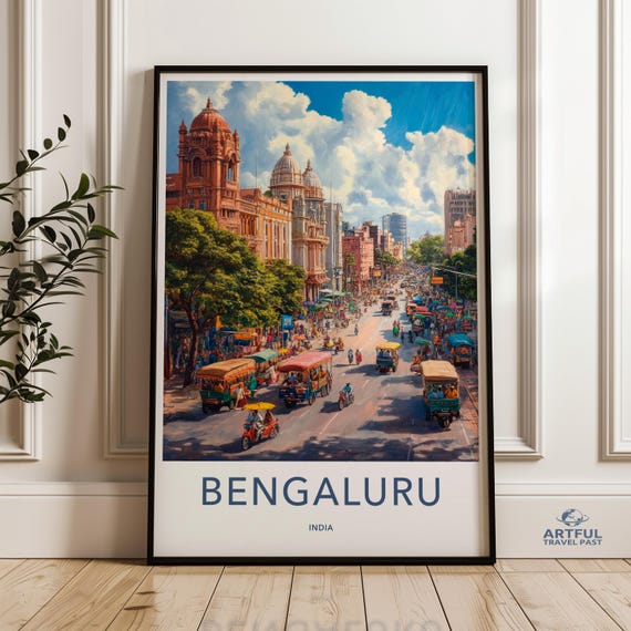 Bengaluru Cityscape Wall Art Print Colorful Urban Street Scene Poster India Vintage Travel Decor Artwork