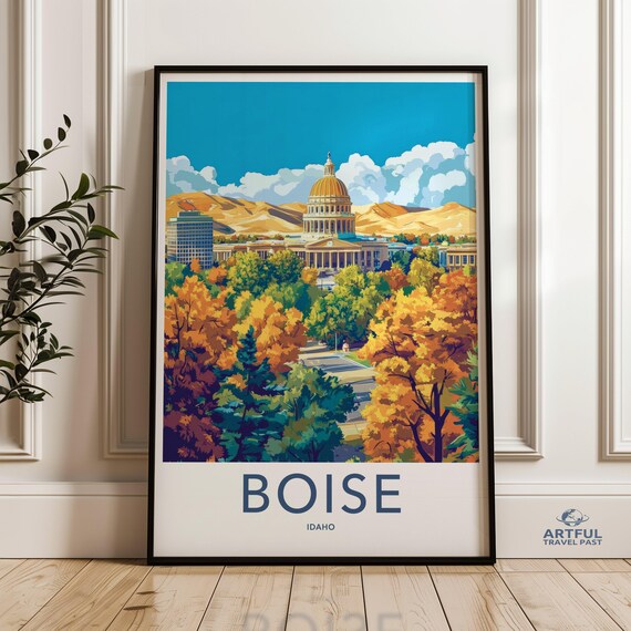 Boise Idaho State Capitol Fall Foliage Colorful Cityscape Travel Poster