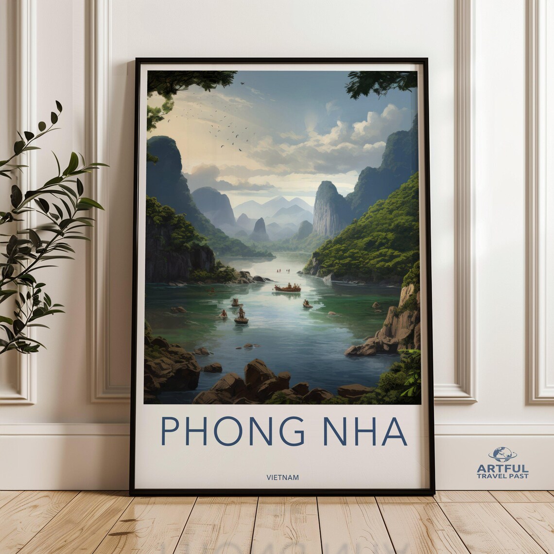 Phong Nha Vietnam River Boats Limestone Karsts Scenic Travel Poster