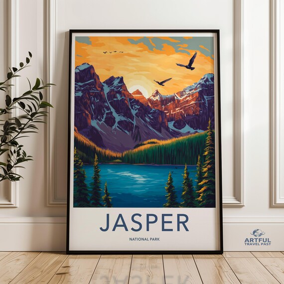 Jasper National Park Sunset Mountain Lake Vintage Travel Art Poster