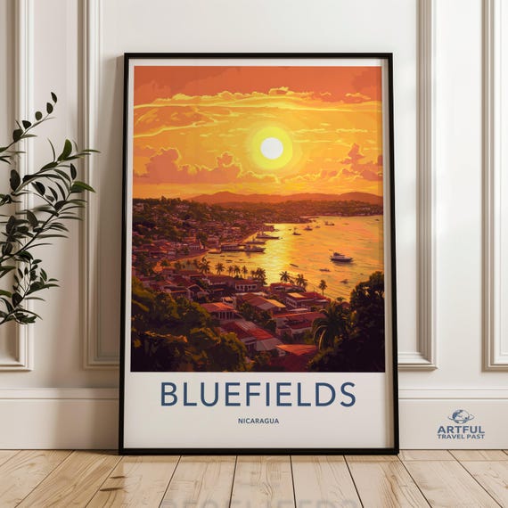 Sunset Over Bluefields Wall Art Print Colorful Nicaragua Coastal Landscape Poster Vibrant Cityscape Artwork Ocean View Decor