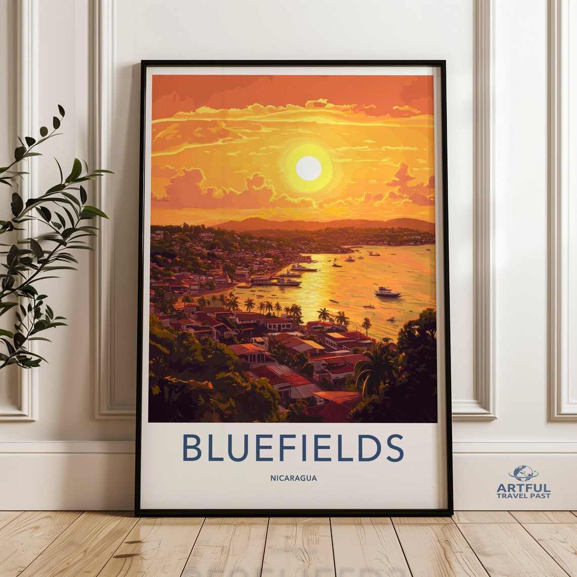 Bluefields Nicaragua Coastal Sunset Bay Vintage Travel Poster Decor