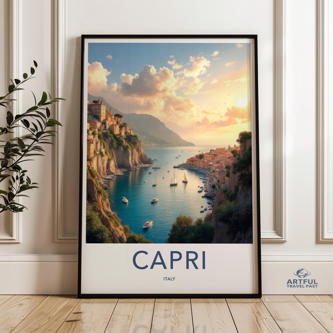 Capri Italy Cliffside Bay Boats Golden Sunset Vintage Travel Poster