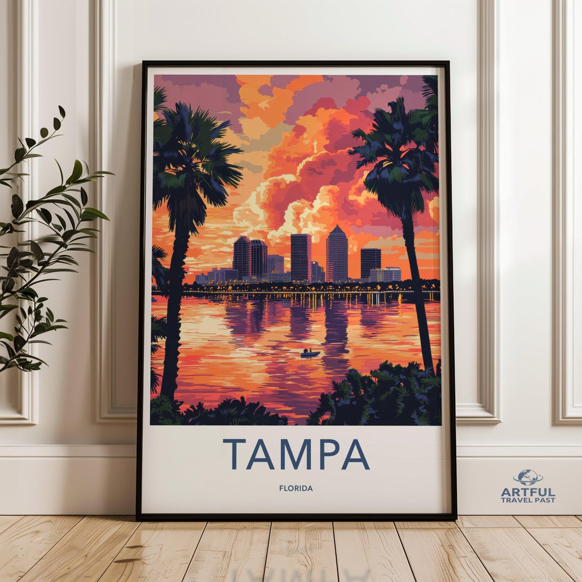 Tampa Florida Sunset Skyline Palm Tree Waterfront Travel Poster