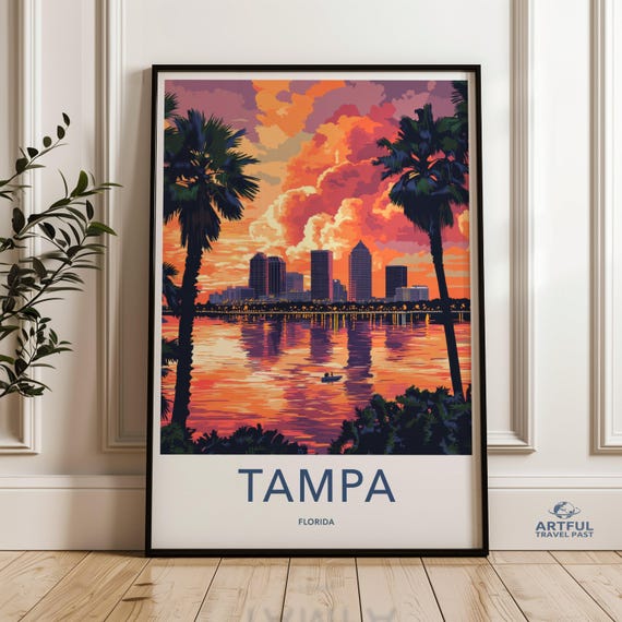 Tampa Florida Wall Art City Skyline Print Travel Poster Home Decor Sunset Artwork Palm Trees Orange Sky Usa Cityscape Souvenir Gift