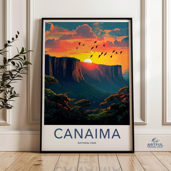Canaima National Park Sunset Over Tepui Cliffs Birds Vintage Travel Poster