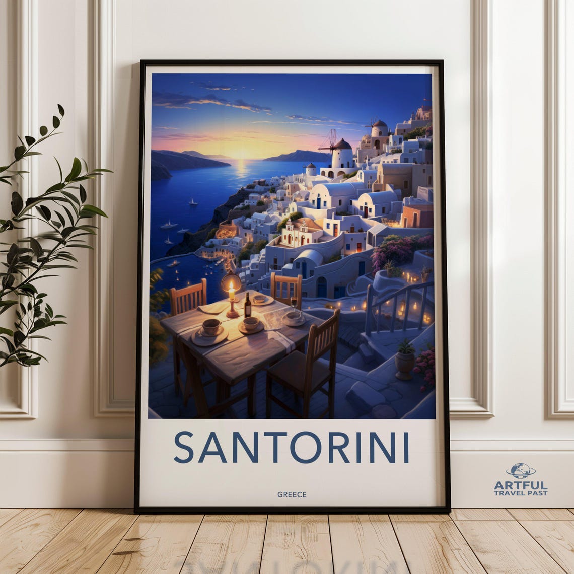 Santorini Greece Sunset White Village Windmill Travel Style Poster