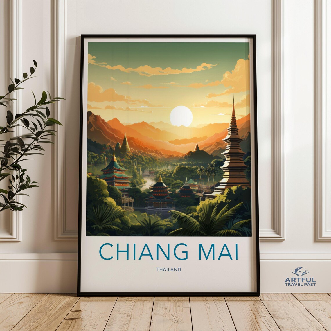 Chiang Mai Thailand Retro Temple Sunset Mountain Travel Poster