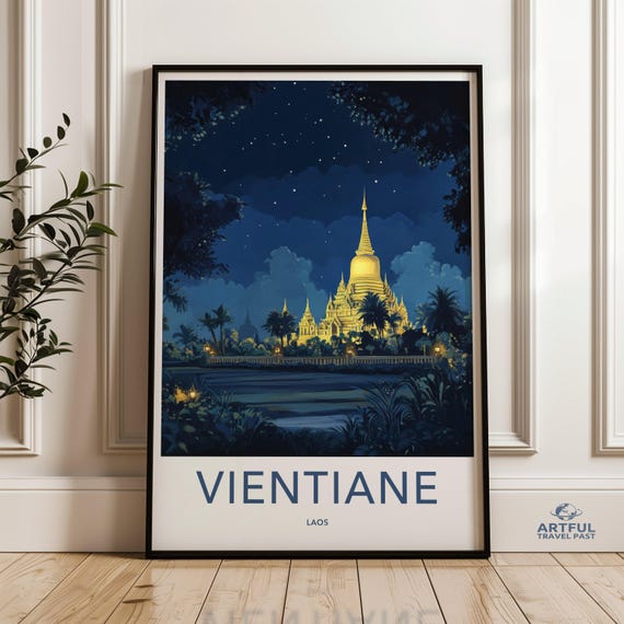 Vientiane Laos Temple Night Sky Wall Art Cityscape Print Southeast Asia Home Decor Travel Poster Scenic Artwork Gift For Travelers