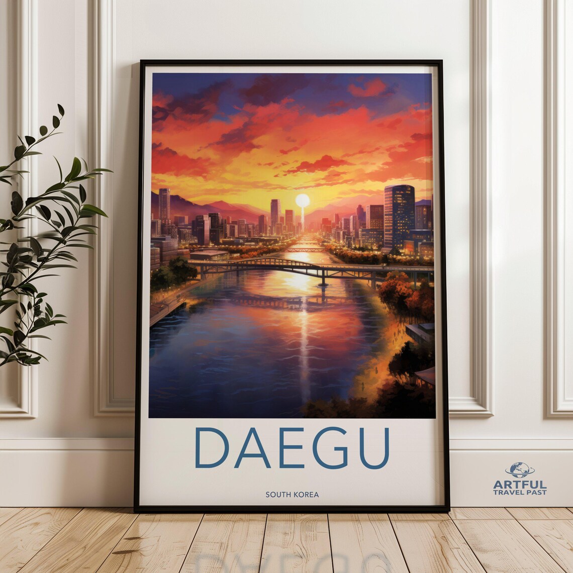 Daegu South Korea Sunset Skyline Vintage Style Travel Poster