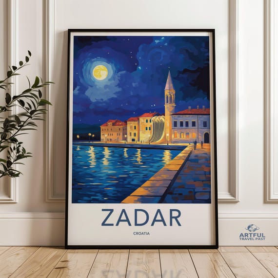 Zadar Croatia Wall Art Night Sky Reflection Print Scenic Coastal Town Artwork Moonlit Waterfront Decor Travel Poster