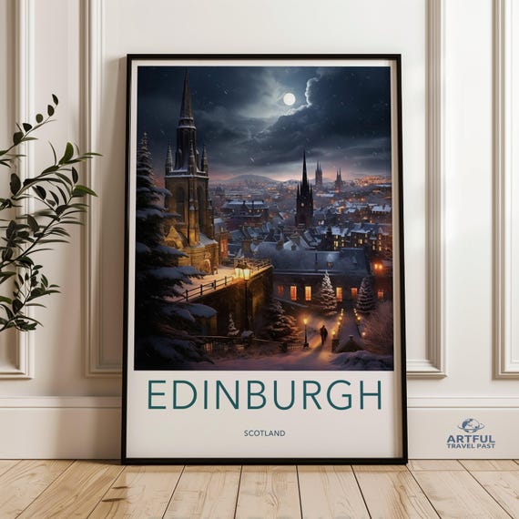 Edinburgh Night Skyline Wall Art Scottish Cityscape Poster Winter Moonlit Scene Historic Architecture Scenic Landscape Print