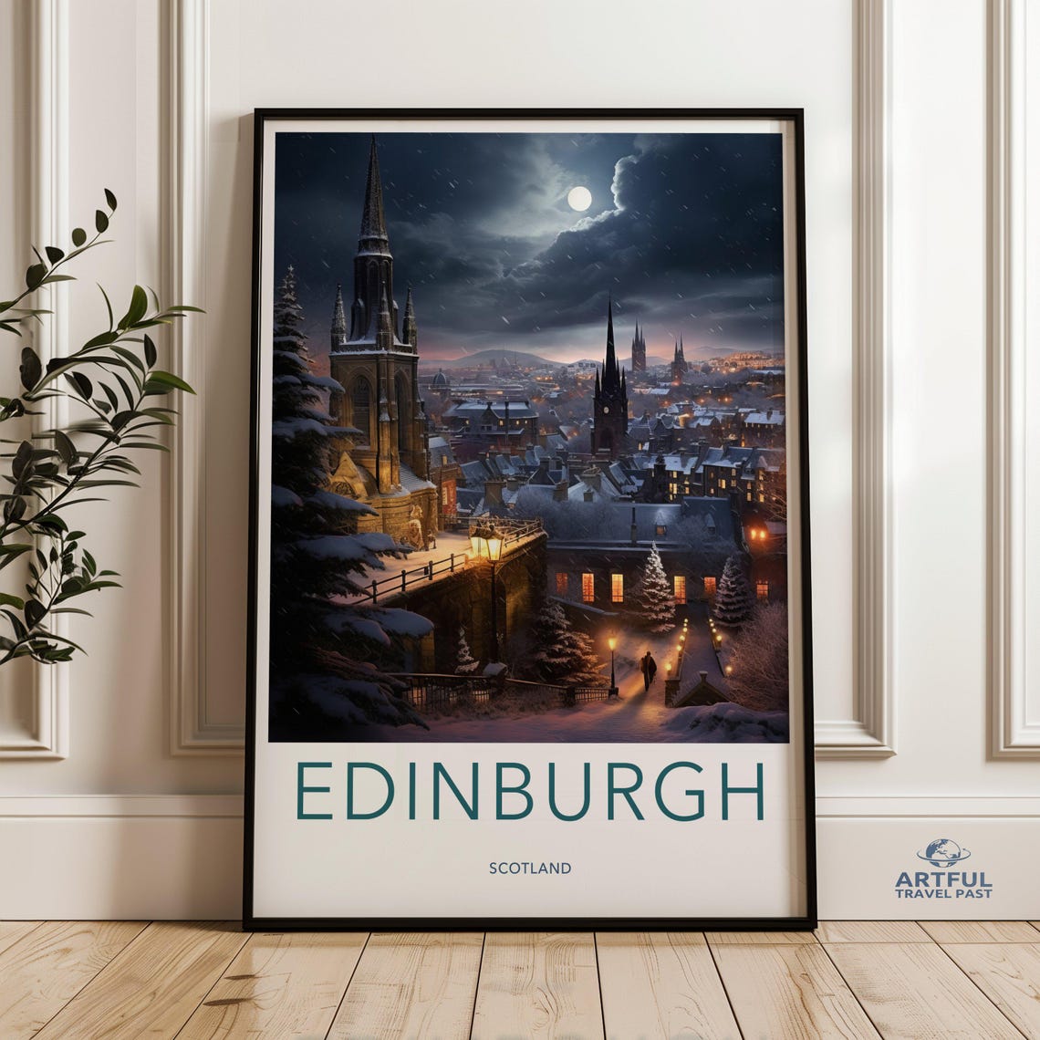 Edinburgh Night Skyline Wall Art Scottish Cityscape Poster Winter Moonlit Scene Historic Architecture Scenic Landscape Print