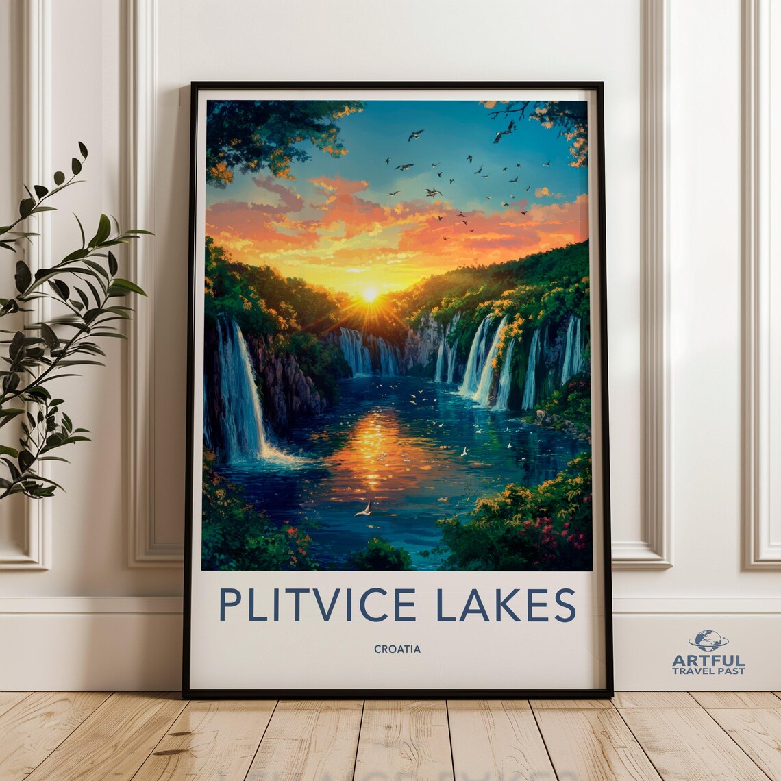 Plitvice Lakes Croatia Waterfall Sunset Vintage Travel Poster