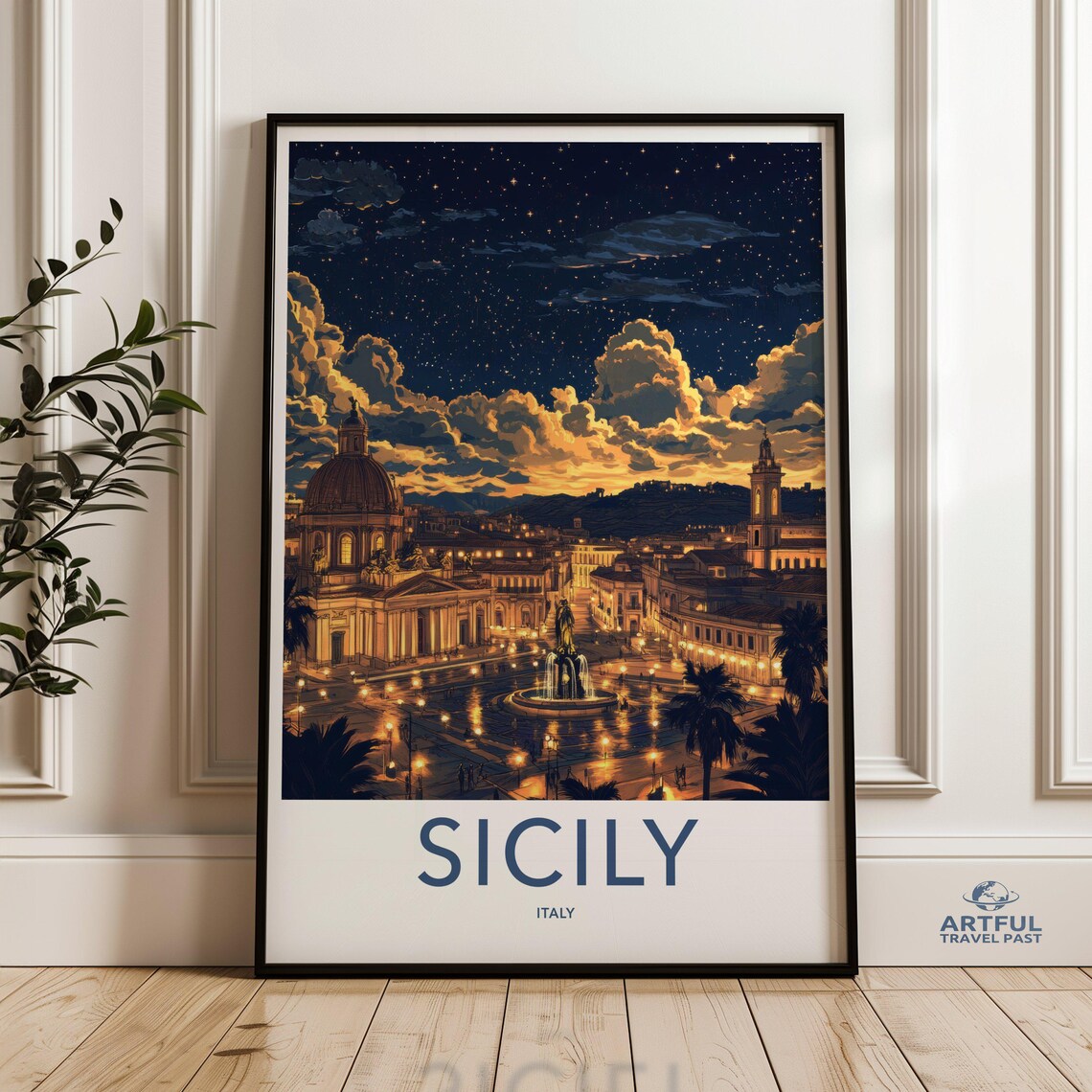 Sicily Italy Glowing Night City Square Fountain Stars Travel Poster