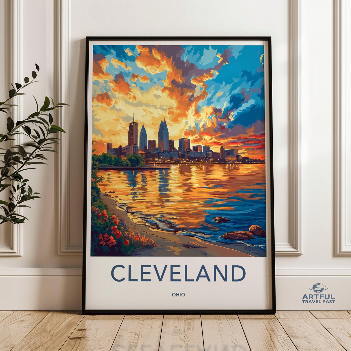 Cleveland Ohio Sunset Skyline Travel Poster Over Lake Erie At Dusk