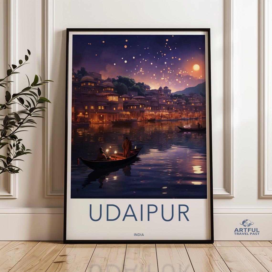 Udaipur Wall Art Sunset Boat Scene Lake Cityscape Nighttime Decor Cultural India Poster
