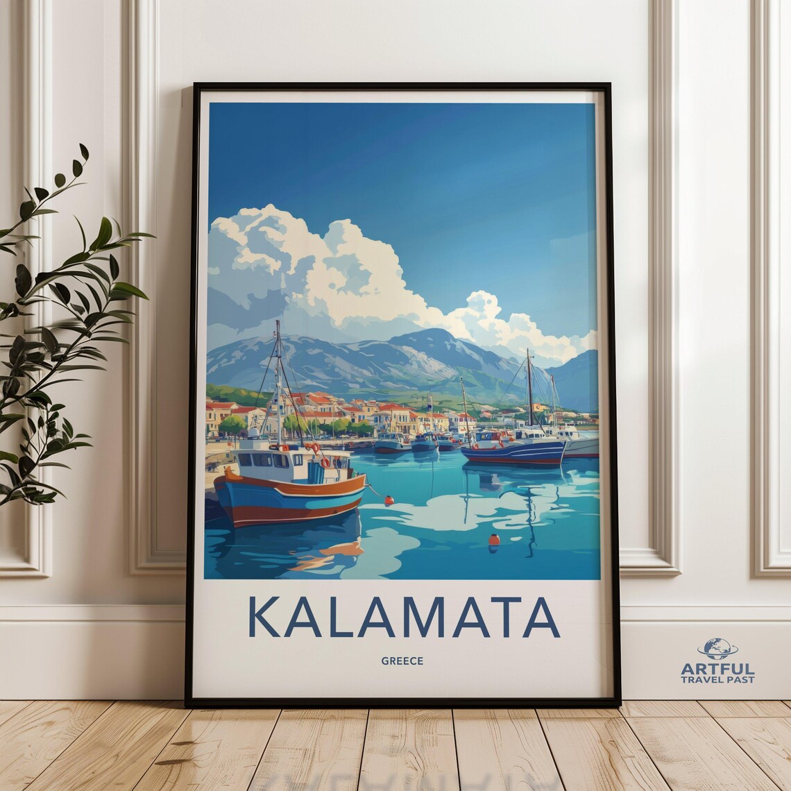 Kalamata Greece Harbor Fishing Boats Mountain View Travel Poster