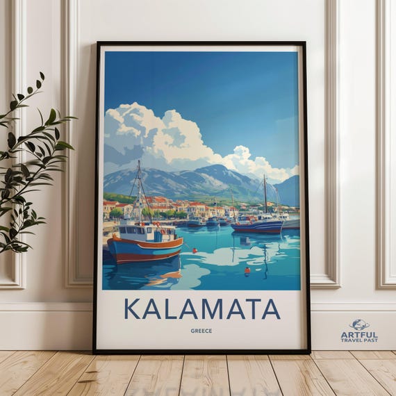 Kalamata Greece Wall Art Coastal Travel Poster Mediterranean Harbor Print Scenic Boat Illustration Retro Nautical Decor
