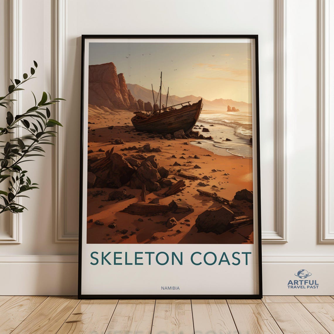 Skeleton Coast Namibia Wall Art Abandoned Ship Beach Sunset Poster Namibian Coastline Print Historical Landscape Artwork Travel Decor