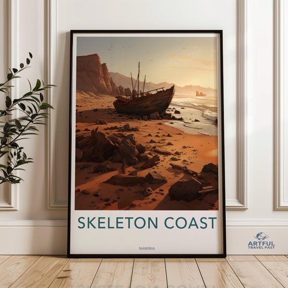 Skeleton Coast Namibia Wall Art Abandoned Ship Beach Sunset Poster Namibian Coastline Print Historical Landscape Artwork Travel Decor