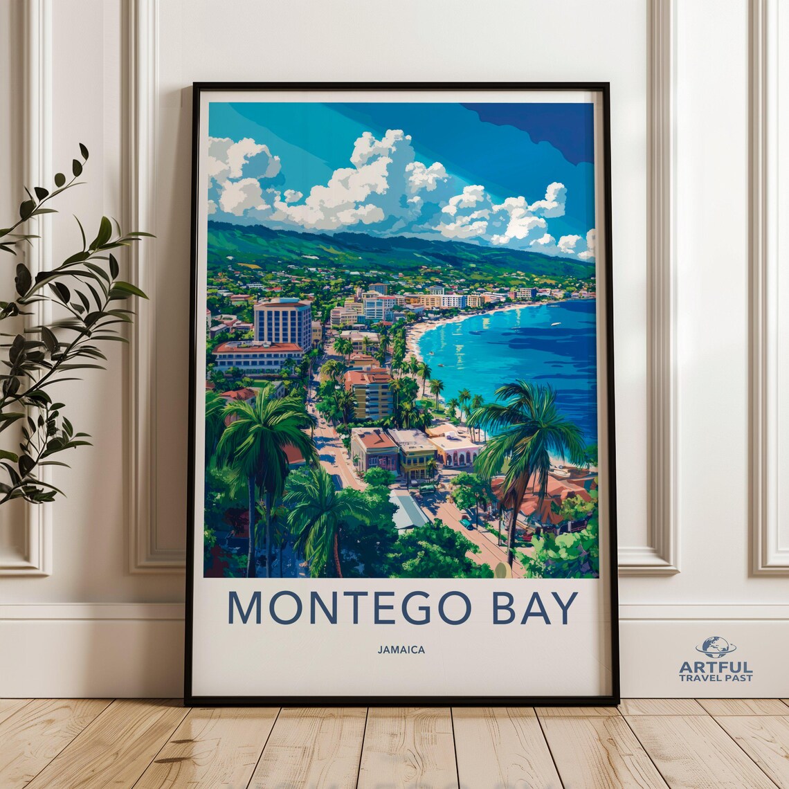 Montego Bay Jamaica Tropical Beach Palm Coast Cityscape Travel Poster