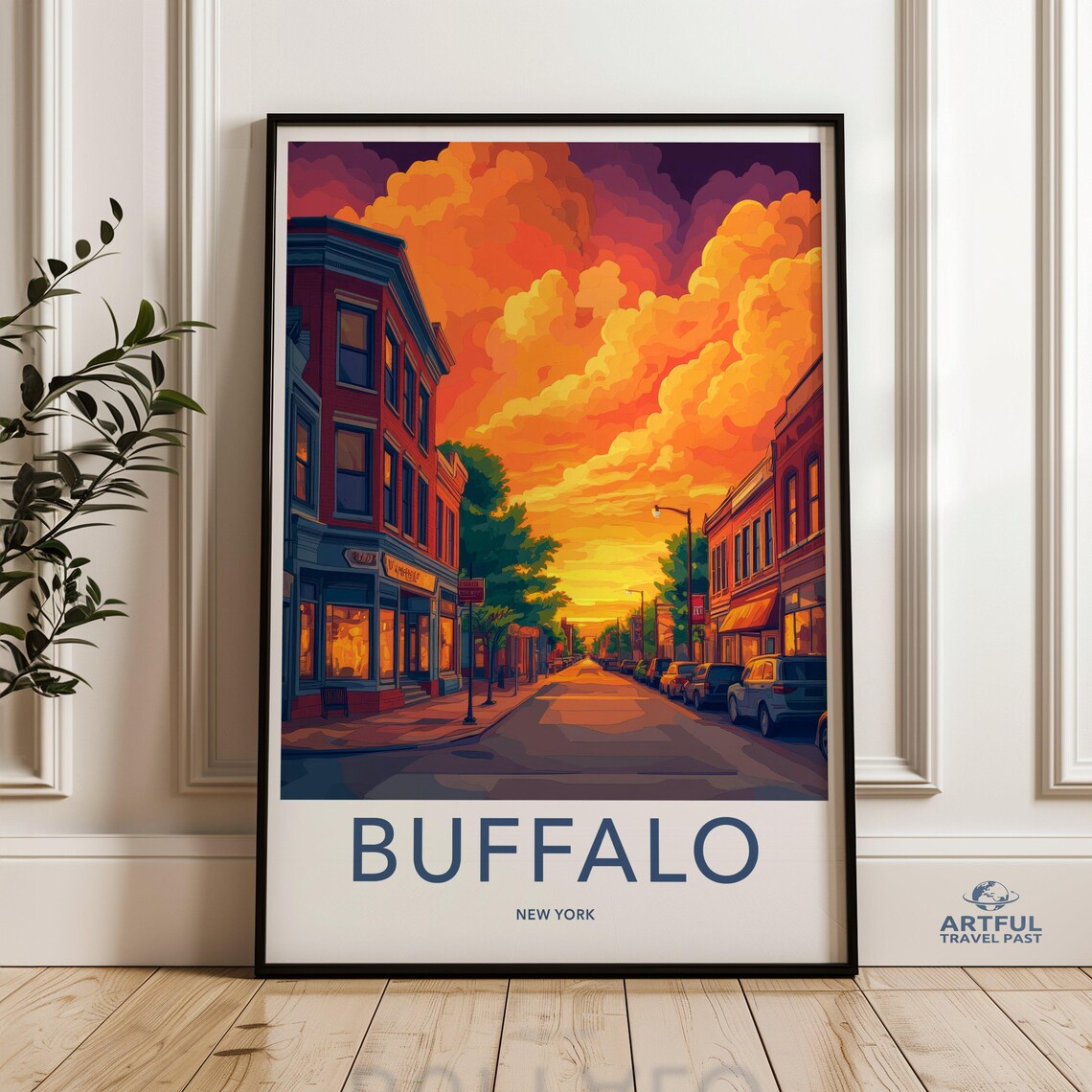 Buffalo New York Sunset Street Vintage City Travel Poster Art