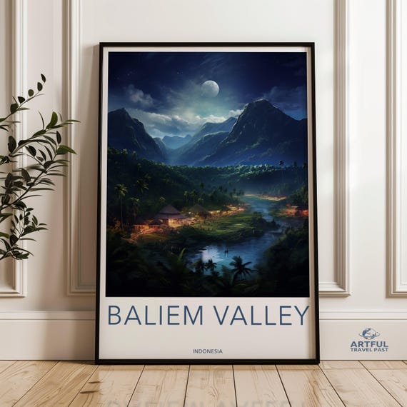 Moonlit Valley Night Scene Wall Art Baliem Indonesia Poster Scenic Landscape Print Mountain And River Illustration