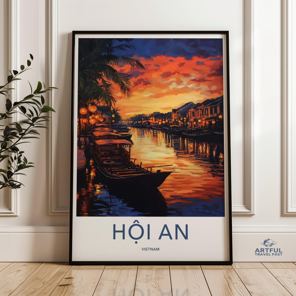 Hoi An Vietnam Lantern Festival Sunset River Vintage Travel Poster