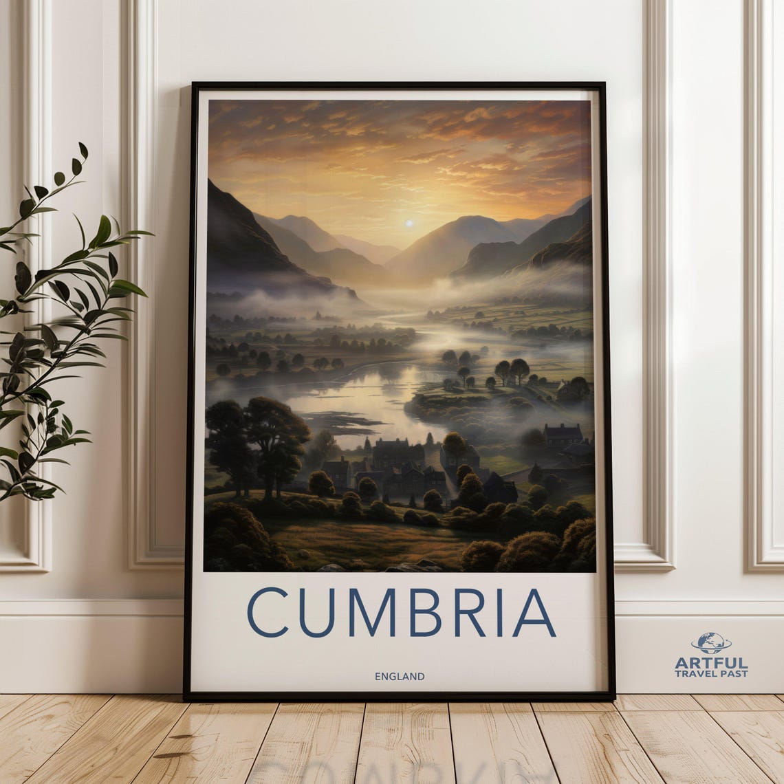 Cumbria England Misty Valley River Sunset Mountains Travel Poster